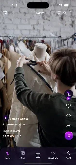 Captura oficial do app Lompa: feed vertical com vídeo e acesso ao produto