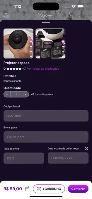 Captura oficial do app Lompa: detalhes do produto, quantidade e cálculo de entrega